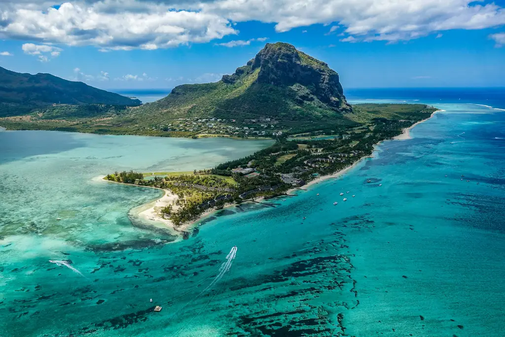 Aerial view of Le Morne Brabant and its turquoise lagoon in south-west Mauritius